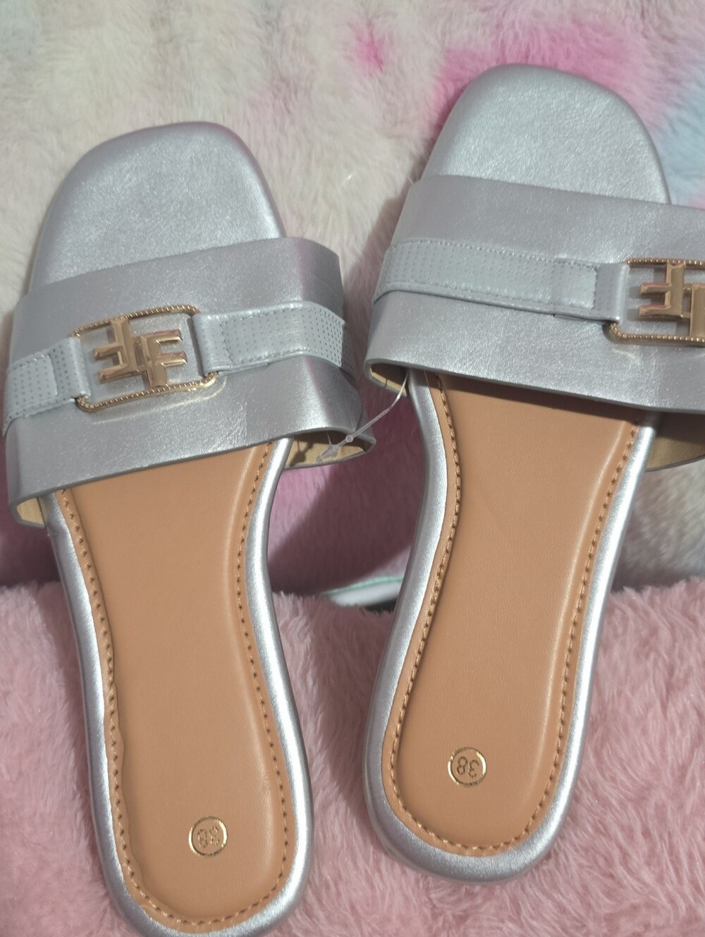 Silver Slide Sandals with Gold Accent - Women Shoes
